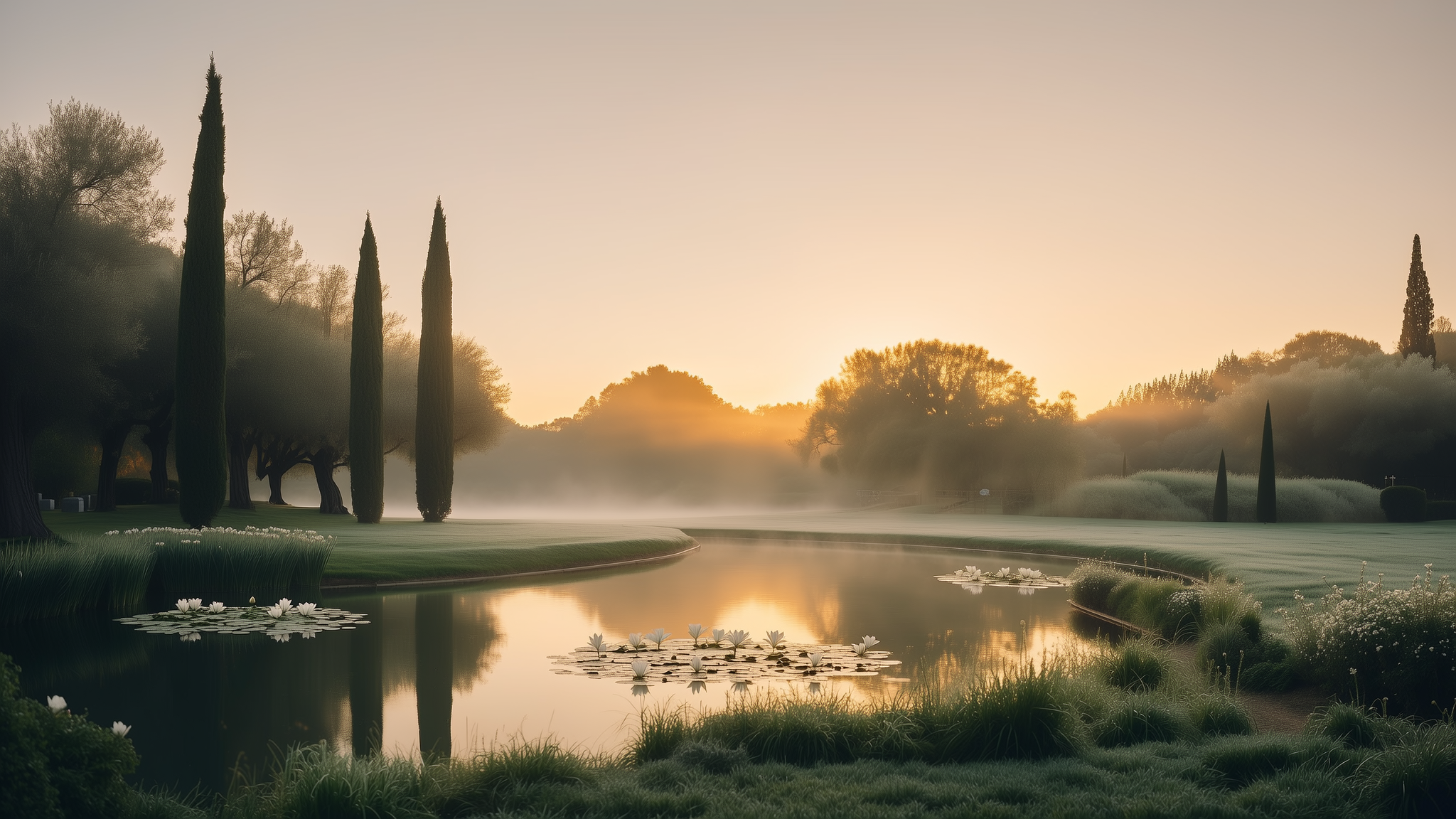 Jardín memorial sereno al amanecer, con estanque, nenúfares y cipreses entre la neblina